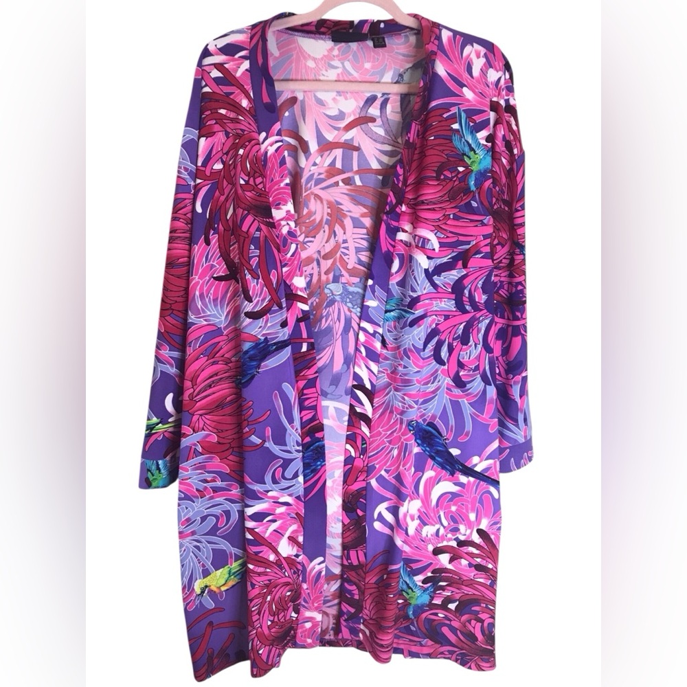 Attitudes by  Renee-Tropical print Birds Long Sleeve Open Front Cardigan Top-1X‎